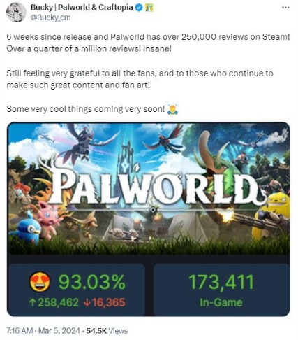 官方庆贺《幻兽帕鲁》新成就！新内容即将推出