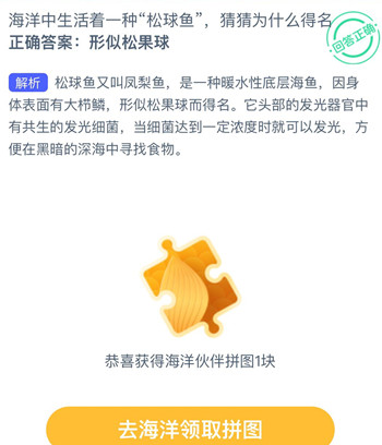 海洋中生活着一种“松球鱼”，猜猜为什么得名？-支付宝2024神奇海洋4.23答案最新
