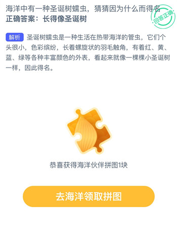 海洋中有一种圣诞树蠕虫，猜猜因为什么而得名？-支付宝神奇海洋4.25答案最新2024