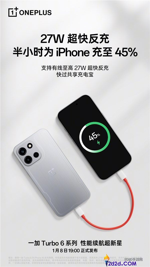 一加Turbo 6搭载9000mAh巨量电池,支撑27W反冲,半小时充iPhone 45%