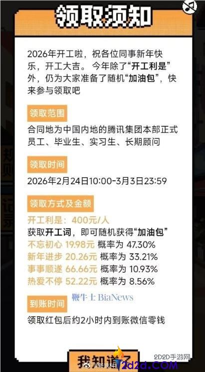 你明天领红包没 若干钱,腾讯发开工红包 每人400元,还有随机加油包
