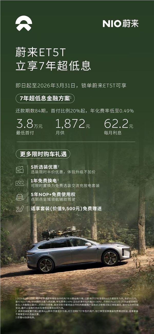 蔚来3月限时推7年超低息计划,首付低至3.8万元 天天利钱仅2元