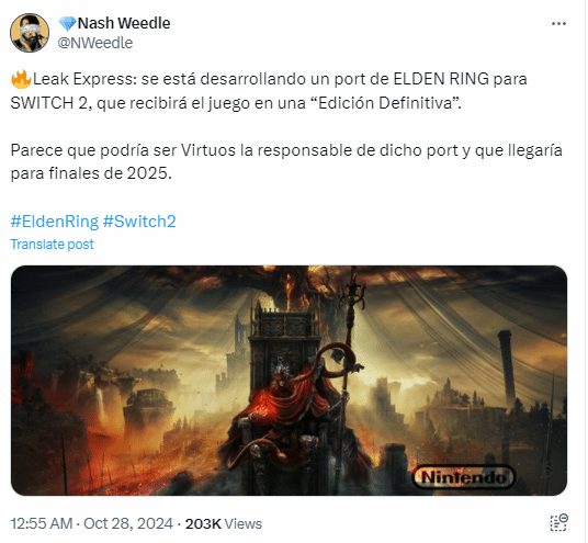 曝《艾尔登法环》明年登陆Switch 2：维塔士负责移植