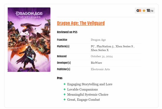 《龙腾世纪4》又获得一满分！Gamerant盛赞本作出色