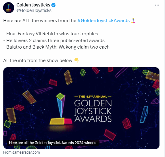 金摇杆完整获奖名单：《黑神话》出尽风头 《最终幻想7：重生》拿到手软