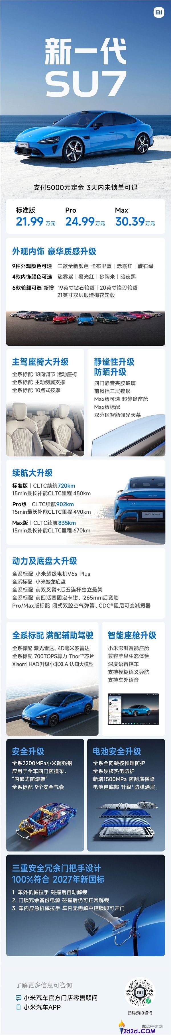 今晚21:30开定 定金5000元 3天内未锁单可退,新一代小米SU7选配指南一图看懂