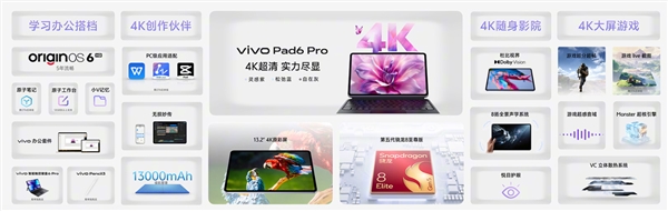 行业独一4K原彩屏+骁龙8E5,vivo Pad6 Pro正式发布,4499元起