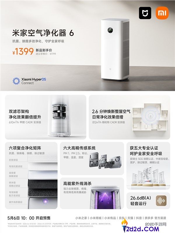 1399元,小米推出米家空气洁净器6,双滤芯设计 3倍除甲醛