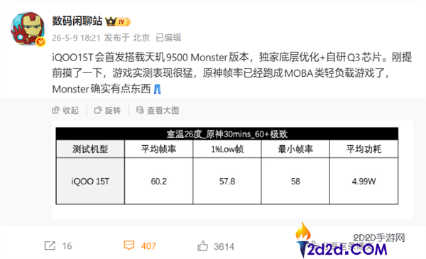 首发天玑9500 Monster+2K直屏,iQOO 15T现身