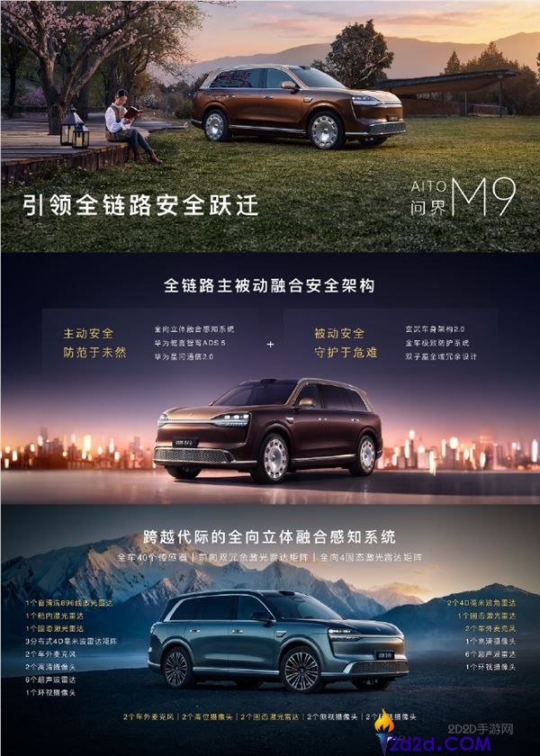 问界 M9 搭载全向 4 固态激光雷达矩阵，精准识别 10 米内小目标