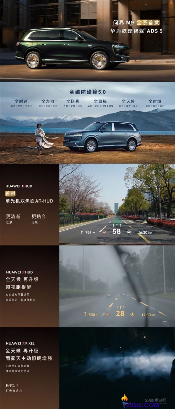 问界 M9 搭载全向 4 固态激光雷达矩阵，精准识别 10 米内小目标