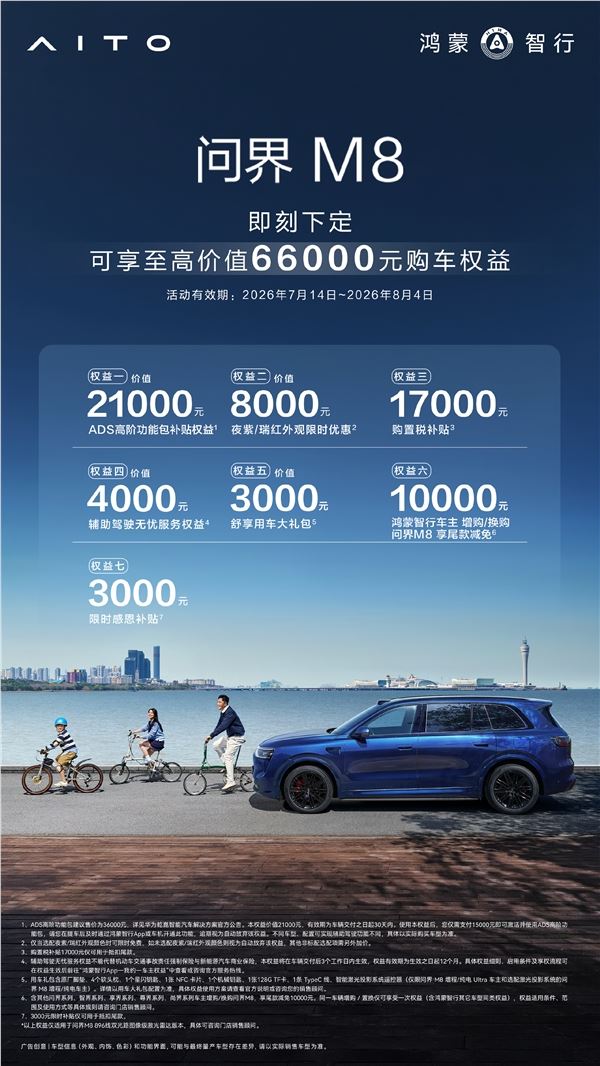问界M8推出7重购车权益，最高省6.6万元，包含智驾、置换及置办税优惠