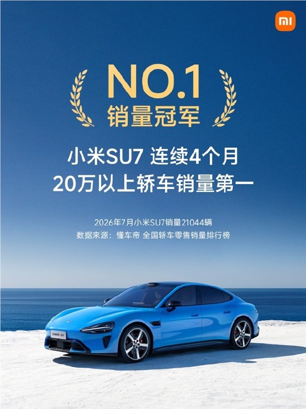 小米SU7连续4个月销量超20万辆，7月销售达21044辆，成为轿车销量第一