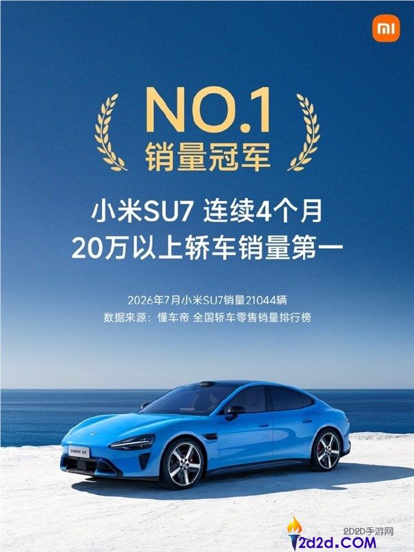 小米SU7连续4个月销量超20万辆，7月销售达21044辆，成为轿车销量第一