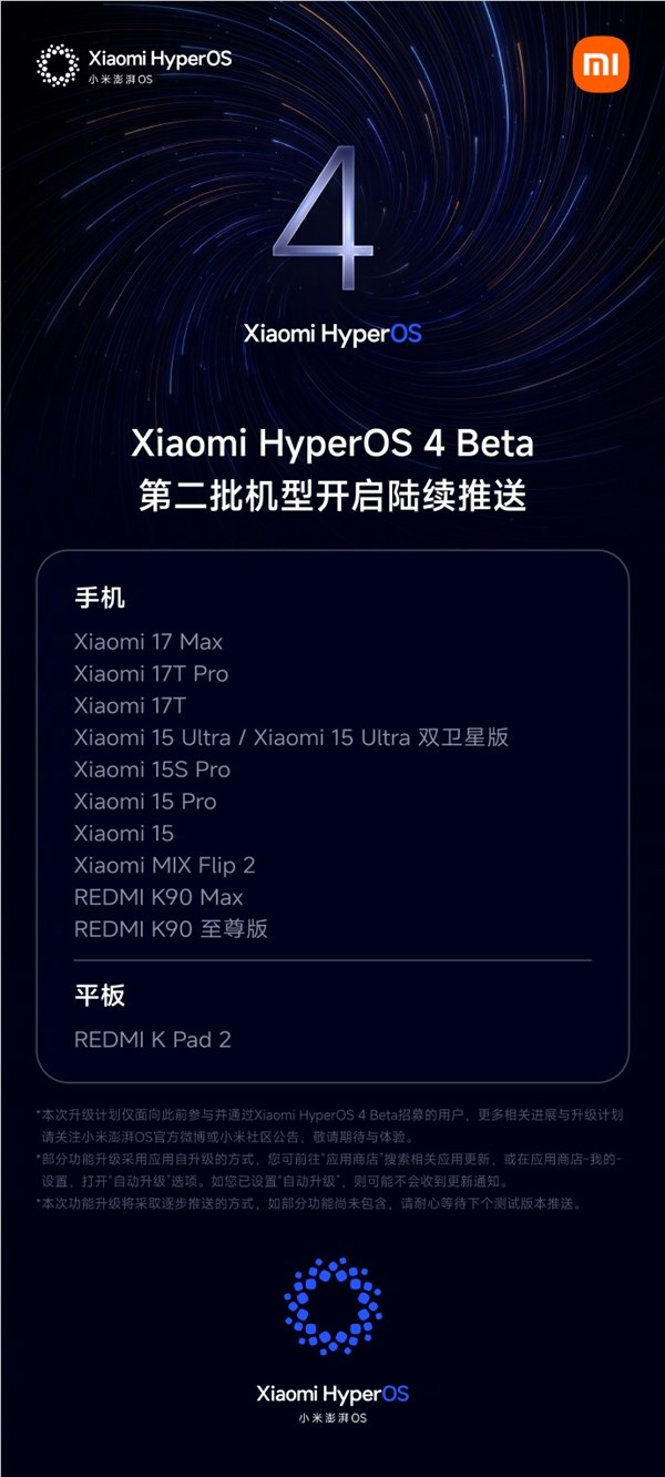 小米磅礴OS 4 Beta第二批推送机型曝光：小米15、K90至尊版等入选