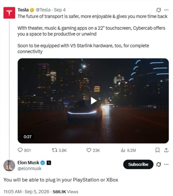 特斯拉Cybercab将支持PS和Xbox游戏，马斯克透露车内游戏功能