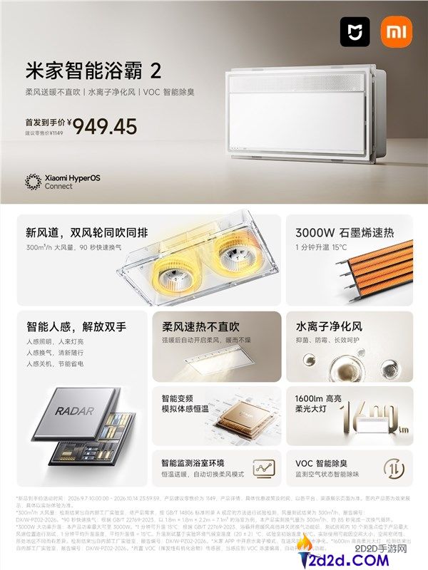 小米米家智能浴霸2发布，949元配备毫米波雷达与人感照明换气功能